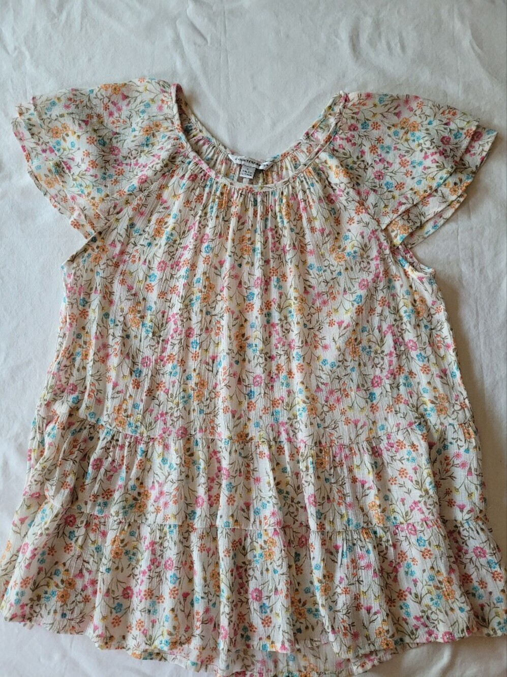 Counterparts Cream Floral Flutter-Sleeve Blouse Size L